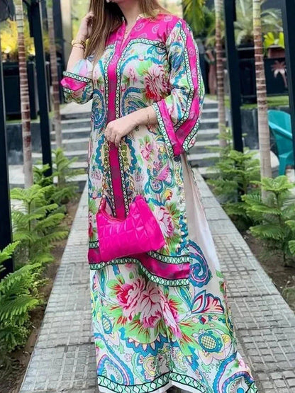 طقم تونيك مغربي أنيق بنقوش الزهور الزاهية