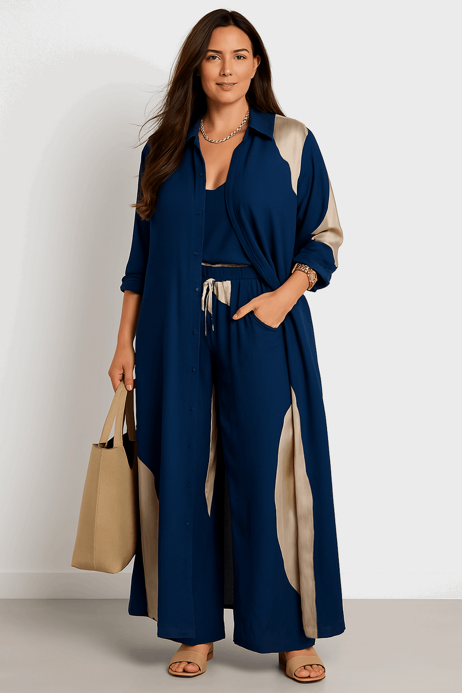 طقم عصري فضفاض بطبعة أوراق الشجر الكبيرة