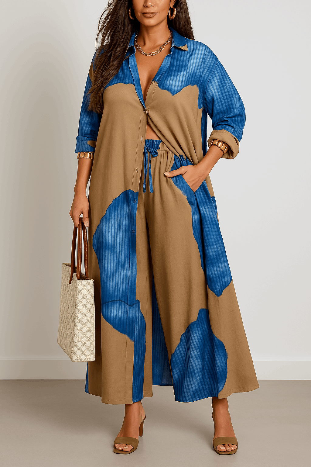 طقم عصري فضفاض بطبعة أوراق الشجر الكبيرة