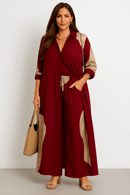 طقم عصري فضفاض بطبعة أوراق الشجر الكبيرة