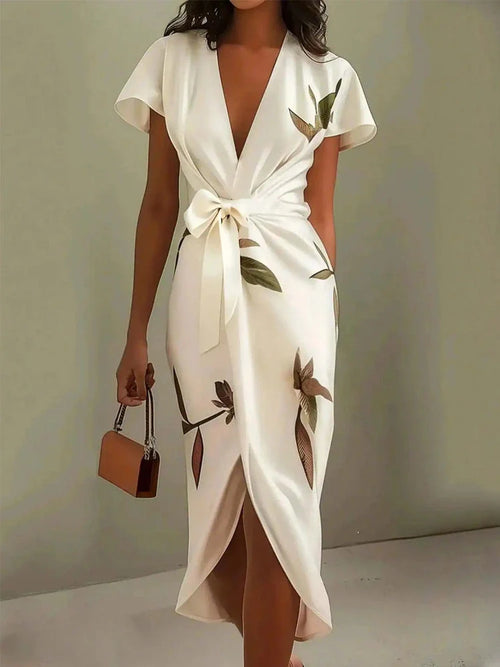 White Leaf Satin Sheath Midi Dress