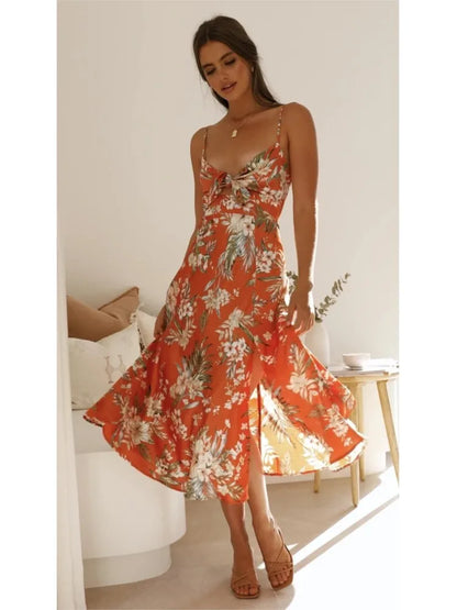 The Elara | Floral Satin Tie-Bust Midi Dress