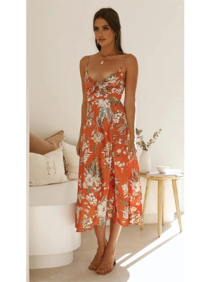 The Elara | Floral Satin Tie-Bust Midi Dress