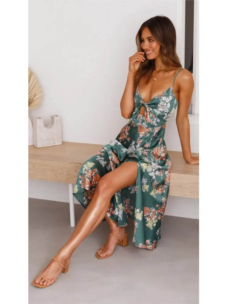 The Elara | Floral Satin Tie-Bust Midi Dress