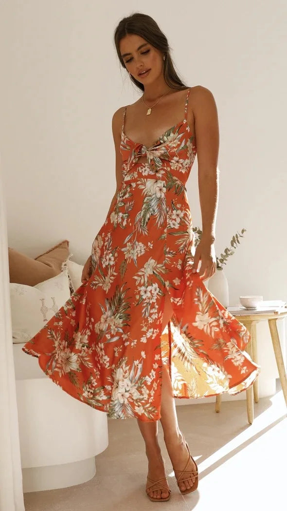 The Elara | Floral Satin Tie-Bust Midi Dress