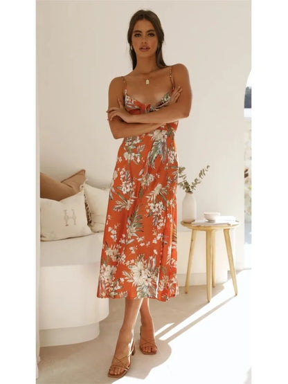The Elara | Floral Satin Tie-Bust Midi Dress