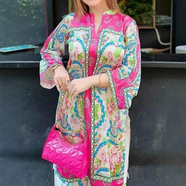 طقم تونيك مغربي أنيق بنقوش الزهور الزاهية