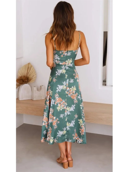 The Elara | Floral Satin Tie-Bust Midi Dress