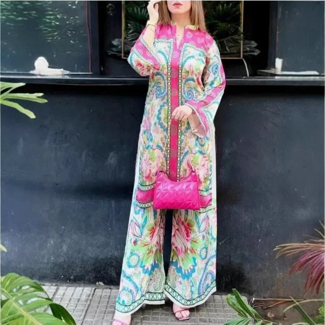 طقم تونيك مغربي أنيق بنقوش الزهور الزاهية